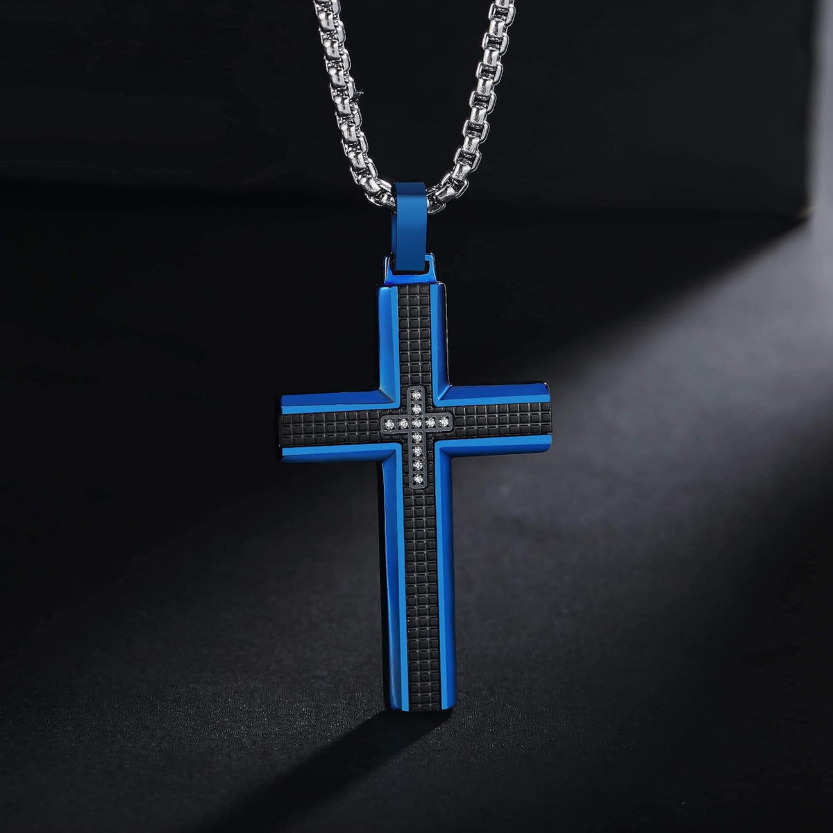 Men'S Stainless Steel Cross Necklace,Two-Tone Black & Blue Carbon Fiber Pendant - Included Gift Box