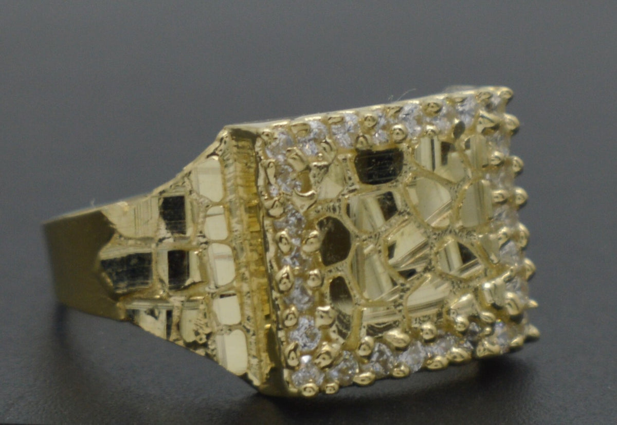 10K Real Yellow Solid Gold Diamond Cut Mens Nugget and Cuban Ring 11.2Mm 2.5G