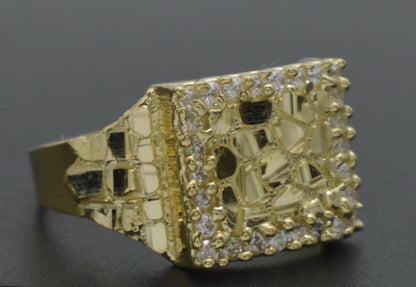 10K Real Yellow Solid Gold Diamond Cut Mens Nugget and Cuban Ring 11.2Mm 2.5G