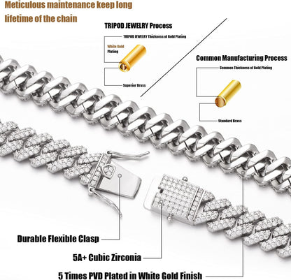 12Mm Real 18K or White Gold Plated Diamond Iced Out Cuban Link Chain or Bracelet Hip Hop Miami Necklace Prong-Setting Choker for Men Women