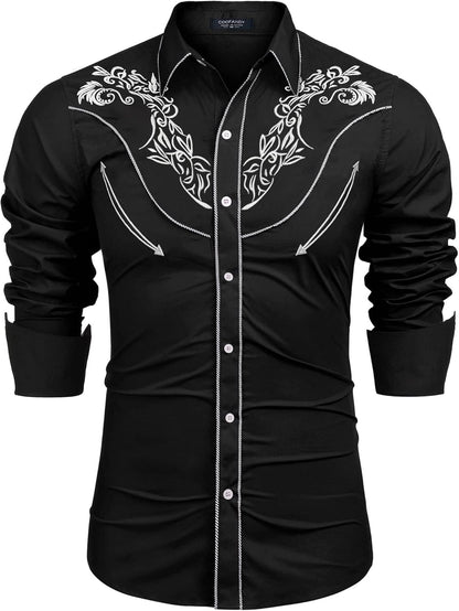 Men'S Cowboy Shirtss Embroidered Rose Design Shirts Western Long Sleeve Button down Shirts
