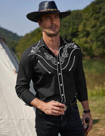 Men'S Cowboy Shirtss Embroidered Rose Design Shirts Western Long Sleeve Button down Shirts