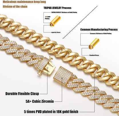 15Mm Full Iced Out Diamond Cuban Link Chain - Hip Hop 18K or White Gold Plated Necklace or Bracelet for Men Women(Birthday Gift