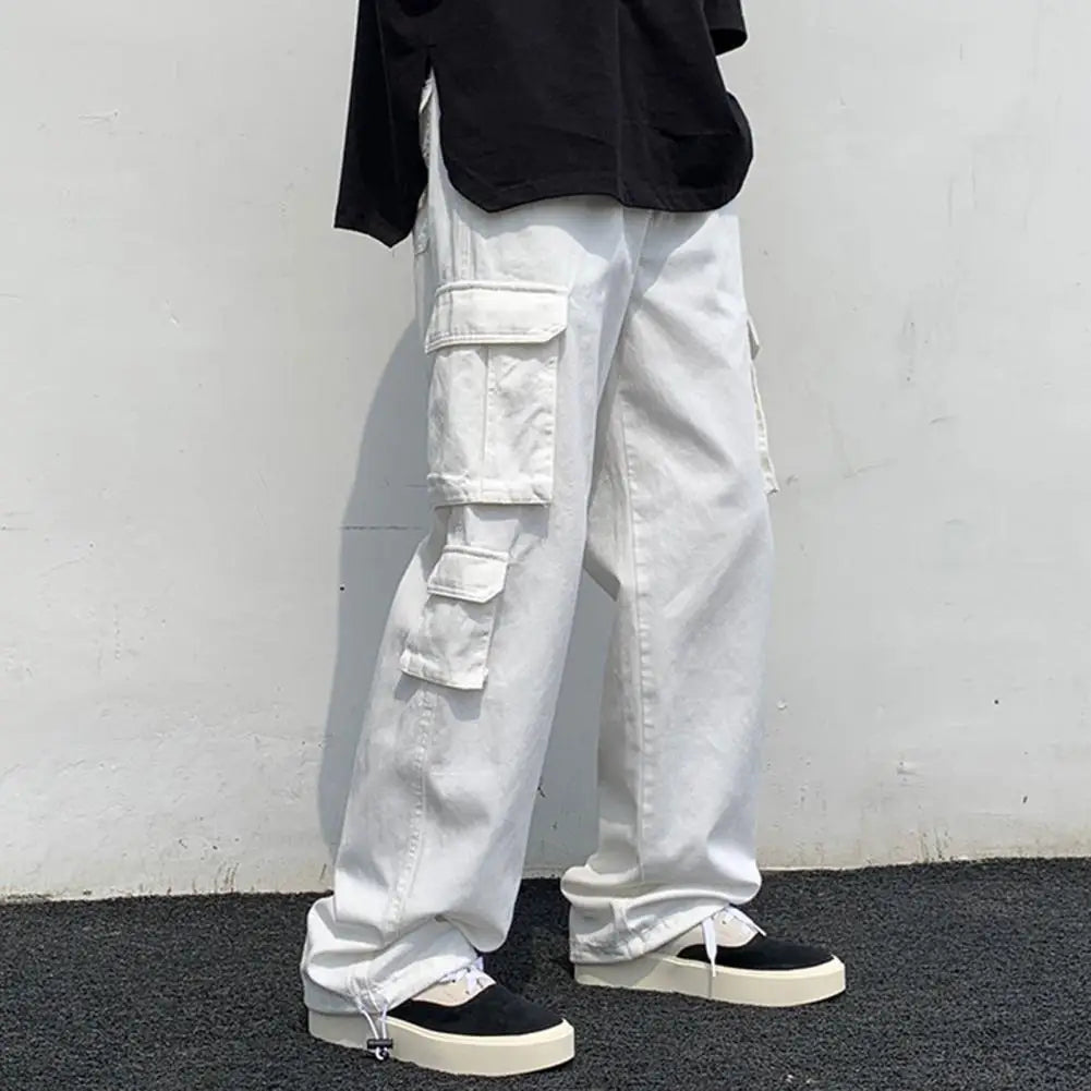 2024 Men Cargo Pants Black White Casual Pants Men'S Loose Straight Wide Leg Pants Men Hip-Hop Pocket Cargo Pants Mens Trousers