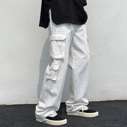 2024 Men Cargo Pants Black White Casual Pants Men'S Loose Straight Wide Leg Pants Men Hip-Hop Pocket Cargo Pants Mens Trousers
