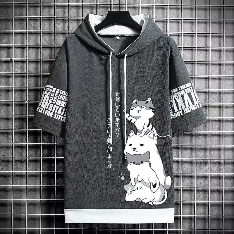 Japan Fashion Men'S Hoodies Summer Men Clothing Cartoon Casual Harajuku Streetwear Print Hooded Top Short Sleeve Sweatshirts Men