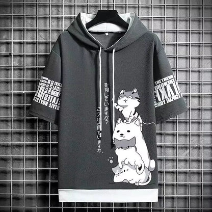 Japan Fashion Men'S Hoodies Summer Men Clothing Cartoon Casual Harajuku Streetwear Print Hooded Top Short Sleeve Sweatshirts Men