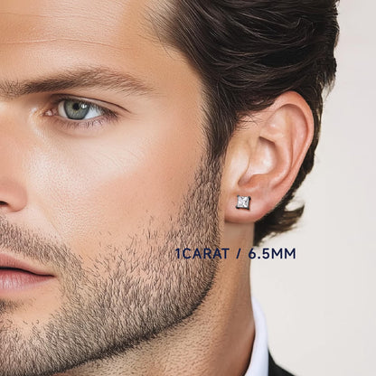 Black Moissanite Stud Earrings for Men, 2Carat Princess Cut Simulated Diamond S925 Sterling Silver Earrings