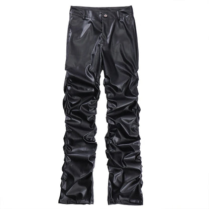 Hip Hop Mens Pleated Pu Leather Pants Harajuku Retro Streetwear Loose Ruched Casual Trousers Straight Solid Color Black Pants