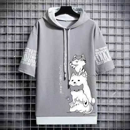 Japan Fashion Men'S Hoodies Summer Men Clothing Cartoon Casual Harajuku Streetwear Print Hooded Top Short Sleeve Sweatshirts Men