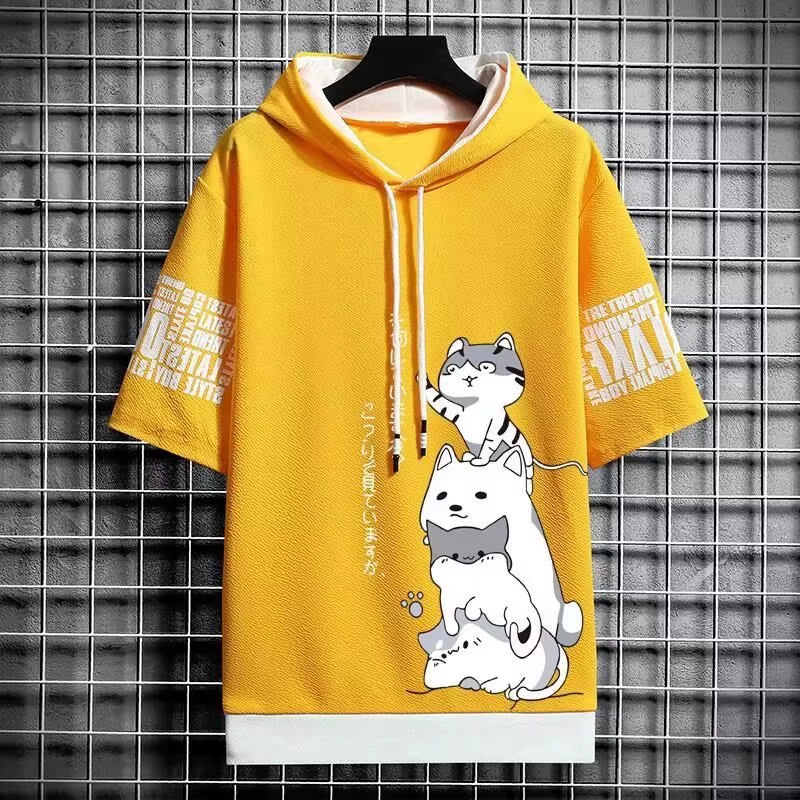 Japan Fashion Men'S Hoodies Summer Men Clothing Cartoon Casual Harajuku Streetwear Print Hooded Top Short Sleeve Sweatshirts Men
