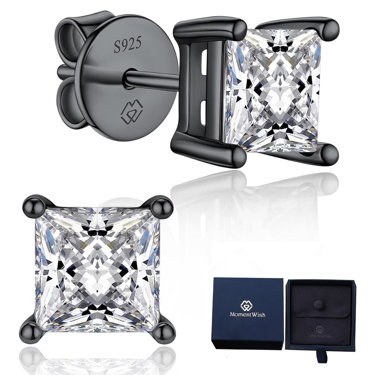 Black Moissanite Stud Earrings for Men, 2Carat Princess Cut Simulated Diamond S925 Sterling Silver Earrings