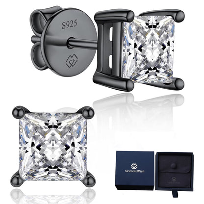 Black Moissanite Stud Earrings for Men, 2Carat Princess Cut Simulated Diamond S925 Sterling Silver Earrings