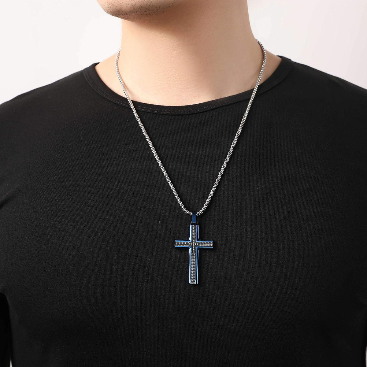 Men'S Stainless Steel Cross Necklace,Two-Tone Black & Blue Carbon Fiber Pendant - Included Gift Box