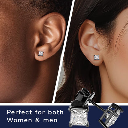Black Moissanite Stud Earrings for Men, 2Carat Princess Cut Simulated Diamond S925 Sterling Silver Earrings