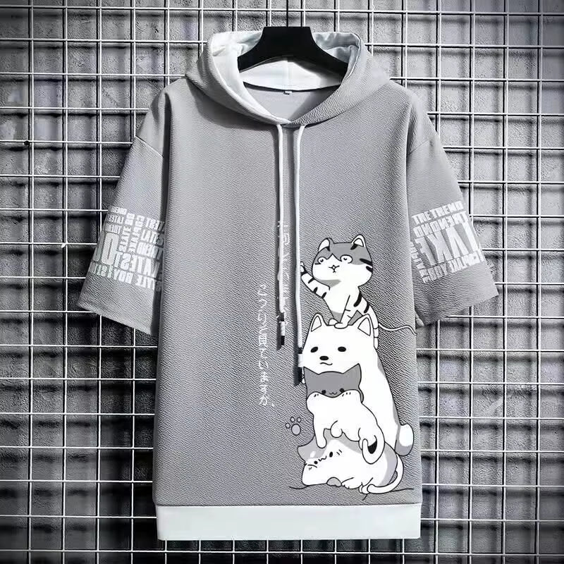 Japan Fashion Men'S Hoodies Summer Men Clothing Cartoon Casual Harajuku Streetwear Print Hooded Top Short Sleeve Sweatshirts Men