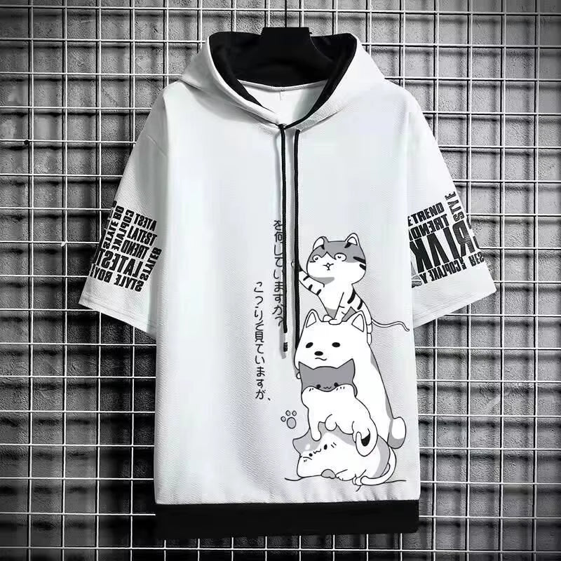 Japan Fashion Men'S Hoodies Summer Men Clothing Cartoon Casual Harajuku Streetwear Print Hooded Top Short Sleeve Sweatshirts Men