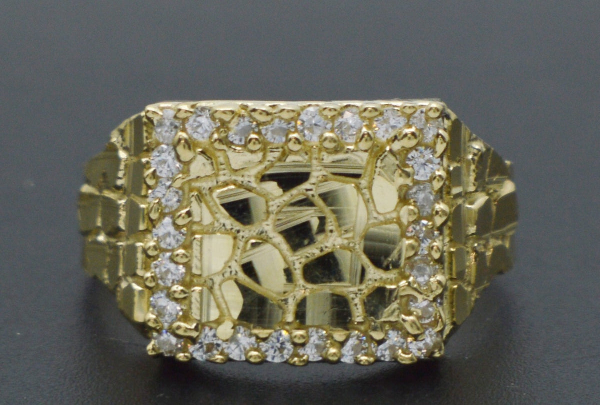 10K Real Yellow Solid Gold Diamond Cut Mens Nugget and Cuban Ring 11.2Mm 2.5G