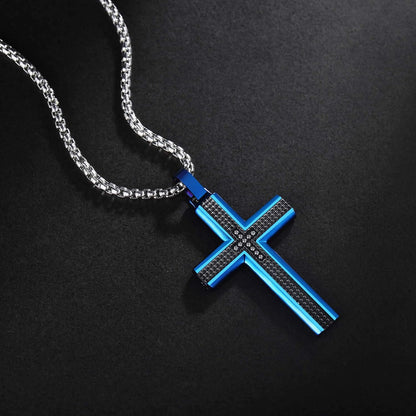 Men'S Stainless Steel Cross Necklace,Two-Tone Black & Blue Carbon Fiber Pendant - Included Gift Box