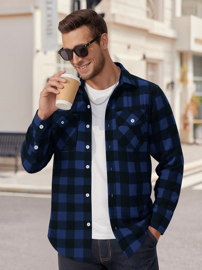 Men'S Plaid Button down Shirts Cotton Long Sleeve Shirts with Pocket