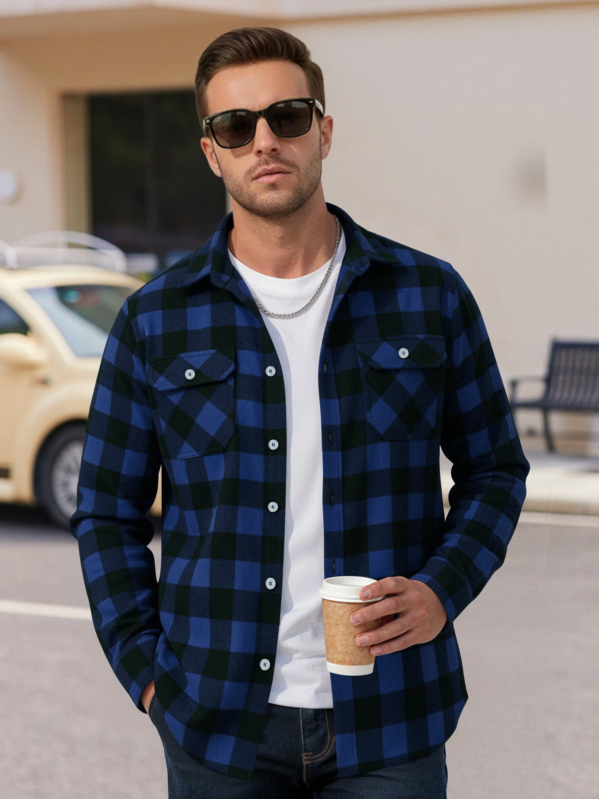 Men'S Plaid Button down Shirts Cotton Long Sleeve Shirts with Pocket