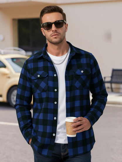 Men'S Plaid Button down Shirts Cotton Long Sleeve Shirts with Pocket