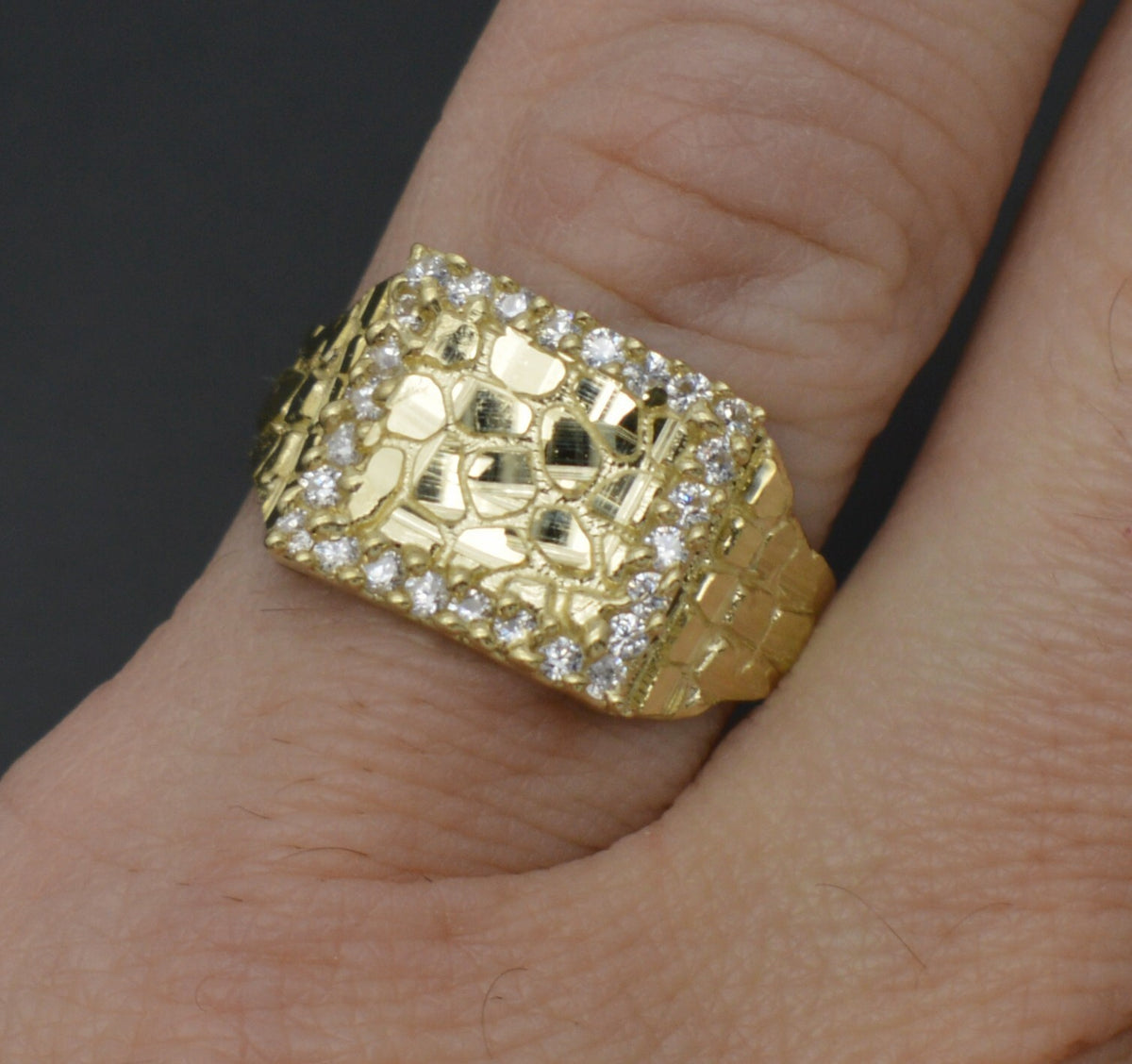 10K Real Yellow Solid Gold Diamond Cut Mens Nugget and Cuban Ring 11.2Mm 2.5G