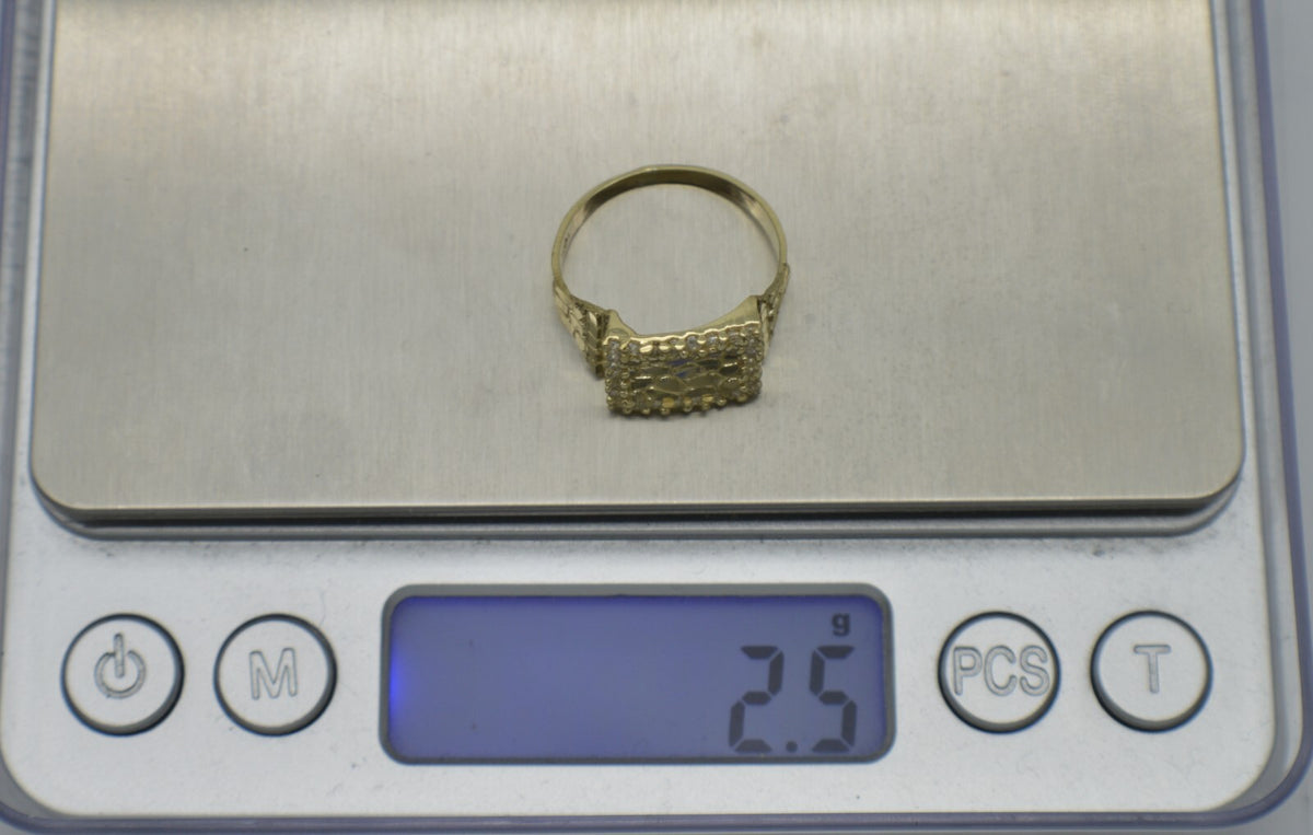 10K Real Yellow Solid Gold Diamond Cut Mens Nugget and Cuban Ring 11.2Mm 2.5G